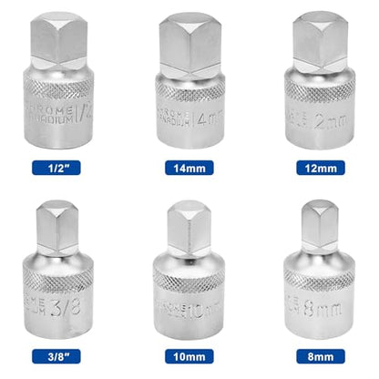 DAKCOS Oil Drain Plug Key Set, 1/2" Drive, 6 Pcs Oil Service Socket Set Metric 8mm/10mm/12mm/14mm, 3/8" 1/2", CR-V - size: 1/2" | 6 PC