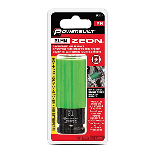 Powerbuilt 21mm Zeon Lug Nut Socket, 1/2" Drive – Impact Rated Chromoly Steel for Damaged & Rounded Lug Nuts, Patented Design Grips up to 85% Rounded, Includes Protective Wheel Saver Sleeve - 941435M - size: 21 mm