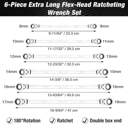 DURATECH Extra Long Flex-Head Ratcheting Wrench Set, Double Box End Wrench Set, 6-Piece, Metric 8-19 mm, CR-V Steel, with Pouch - size: 8-19mm