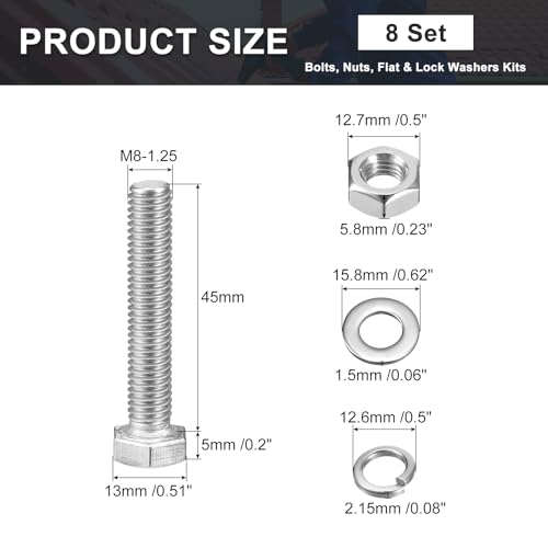uxcell M8 x 45mm Hex Head Screws Bolts, Nuts, Flat & Lock Washers Kits, 304 Stainless Steel Fully Thread Hexagon Bolts 8 Sets - size: M8 x 45mm