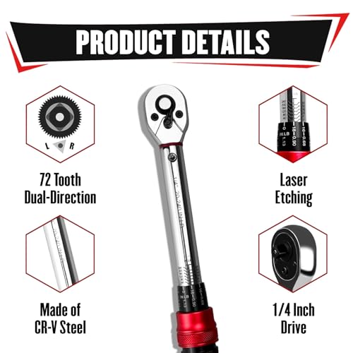 YIYITOOLS 27Pcs 1/4 Inch Drive Click Torque Wrench Set, Bike Maintenance Kit with Bit Sockets, Adapter, Universal Joint & Extension Bar, 2.3-27.1NM (20-240IN.LB) ±3% Precision