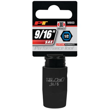 Performance Tool M803 1/2 Drive 9/16 6-Point Impact Socket for Heavy-Duty Use in Automotive and Industrial Applications - size: 9/16", style: Impact