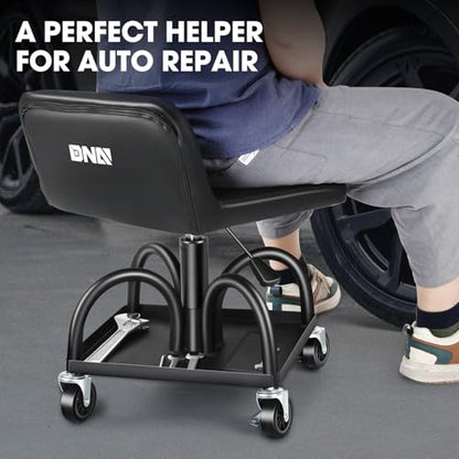 DNA Motoring Rolling Padded Seat Adjustable Height Seat 330lbs Capacity Rolling Mechanic Creeper Stool, W/Tool Storage Drawer & Tray, Black, TOOLS-00600 - style: Square Tray Black