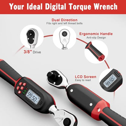 VANPO Digital Torque Wrench 3/8-Inch Drive, 5-99.5 ft-lb, for Motorcycle | 6.8-135Nm, ±2% Accuracy, Electronic Torque Wrench with Preset Value, Buzzer and LED Notification for Automotive & Bicycle - size: 5-99.5 ft-lbs/6.8-135Nm