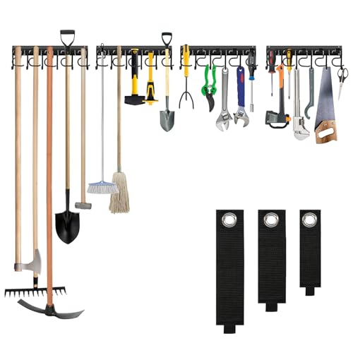 LEYU Metal Garage Tool Organizer Wall Mount, 4 Pack Garden Tool Organizer With Extension Cord Straps, Garage Organization Hooks and Hangers for Shed, Yard Storage, Wall Holder for Hanging Broom Mop - size: 4 Pack