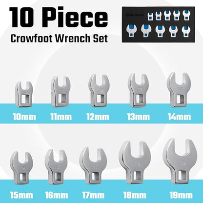DURATECH 10-Piece 3/8" Drive Crowfoot Wrench Set, Metric, 10-19mm | Open End Wrench Set, CR-V Steel, EVA Foam Tool Organizer - size: Metric, style: Regular