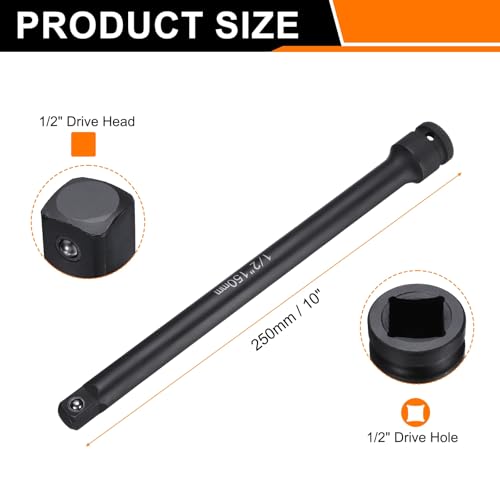 HARFINGTON Impact Socket Extension Bar 1/2" Square Drive 10" Long CR-V Steel Extension Rod Ratchet Wrench Driver Adapter for Axle Nut Sockets, Black - size: 1/2" Square Drive 10" Long