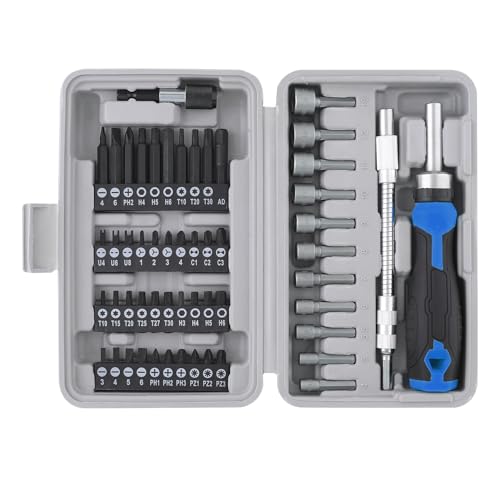 Apollo Tools 54-Piece Screwdriver & Nut Driver Bit Set – Ratcheting Handle, Flexible Extension, Metric Nut Drivers, Specialty Bits for Household, Automotive, & Appliance Repairs, Blue/Gray DT9025