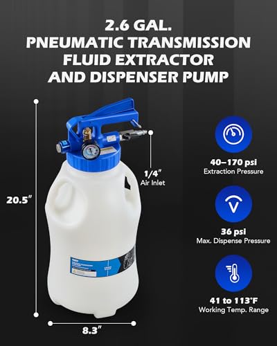 OMT 2.6 Gallon Vacuum Fluid Evacuator and Filler Set with 15 ATF Adapters | 10L Pneumatic Transmission Bleeder for Shops; Hands-Free Trigger Lock; Pressure Gauge; Heat Resistant Nylon Tubes; Auto Care