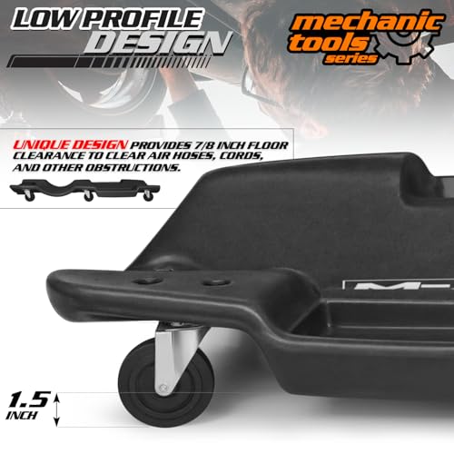 M-AUTO Mechanic Plastic Creeper with Dual Tool Trays, 48" Ergonomic Rolling Garage Shop Creeper with Padded Headrest, 4 Noiseless Casters 350LBS Capacity Black - color: Black