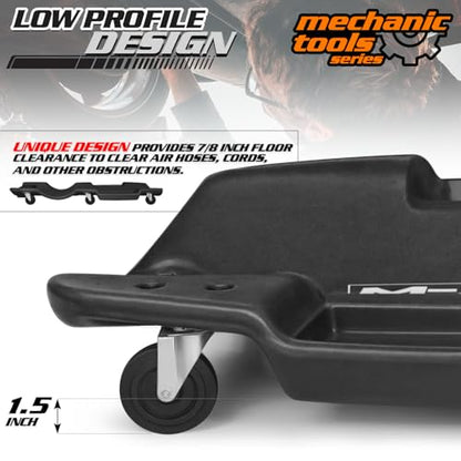 M-AUTO Mechanic Plastic Creeper with Dual Tool Trays, 48" Ergonomic Rolling Garage Shop Creeper with Padded Headrest, 4 Noiseless Casters 350LBS Capacity Black - color: Black