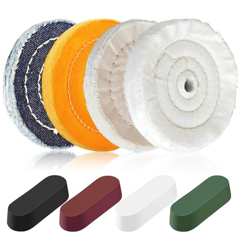 8PCS 4 Inch Buffing & Polishing Wheel Kit for Bench Grinder, 1/2" Arbor Hole, Denim/Yellow/White/Flannel Polishing Wheels with 4 Buffing Compoun,Polishing Rouge Bars - style: 8pcs-4inch