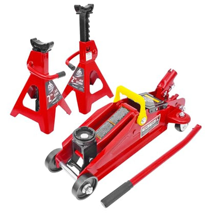 Jack Boss 2T Hydraulic Floor Jack Combo with Two Jack Stands, 4000 lbs Capacity Trolley Service Jack Combo Red - color: Red, size: 2 Ton