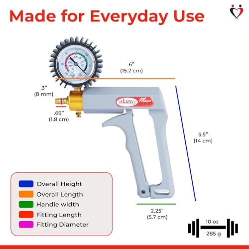 LeLuv Maxi Vacuum Pump - Manual Hand Vacuum (0-30 Hg, 0-760 mmHg) with Ergonomic Nylon Handle, Release Valve, & Rubber Protected Pressure Gauge (1/8" NPT), Compatible with LeLuv Pump Series - Grey - color: Grey