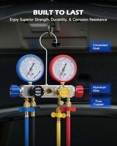 OMT 4 Way AC Diagnostic Manifold Gauge Kit for R134A R410A R22, 5ft Hoses | Includes R134a Couplers Self-Sealing Piercing Can Taps R410a & 29° Adapter ; Solid Brass Build; Ideal for Auto Freon Recharge - size: R134a R22 R410A