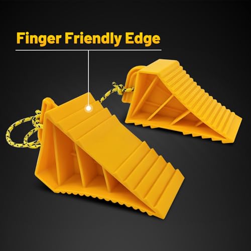 HOXWELL 2 Pair Wheel Chocks with Rope & Handle Design for Travel Trailers, Non Slip Yellow Wheel Chock, Lightweight Wheel Stoppers for Cars Campers Trucks RVs, Easy to Carry - color: Yellow-2 Pair