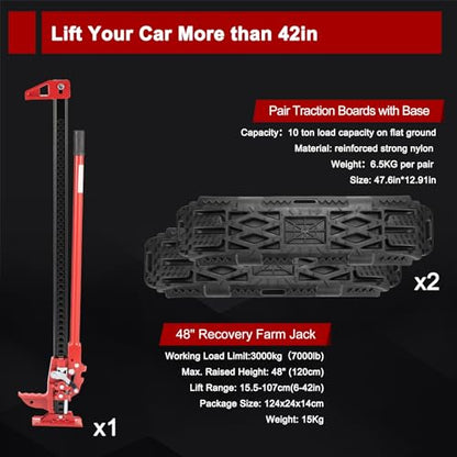 BUNKER INDUST Offroad High Lift Jack with Pair Traction Board Mate,48" FarmJack with Sand Mud Snow Track Mat Board, Offroad Tire Recovery Kit for Car Truck Jeep ATV SUV UTV - color: 48" Offroad Jack with Recovery Tracks