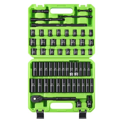 Reniteco 56-Piece 3/8" Drive Socket Set, SAE (5/16"-3/4") & Metric (8mm-22mm), Deep & Shallow, Ratchet Handle, Extension Bars, Adapter, Universal Joint, Power Drill Adapters, Spark Plug Sockets, CR-V - size: 56 PCS