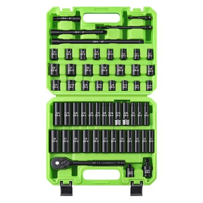 Reniteco 56-Piece 3/8" Drive Socket Set, SAE (5/16"-3/4") & Metric (8mm-22mm), Deep & Shallow, Ratchet Handle, Extension Bars, Adapter, Universal Joint, Power Drill Adapters, Spark Plug Sockets, CR-V - size: 56 PCS