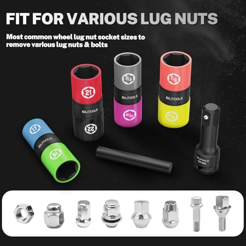 BILITOOLS Lug Nut Socket Set, 1/2" Thin Wall Impact Flip Sockets | Metric 17-22mm and SAE 3/4"-15/16" Sizes, Non-Marring Sleeves, Extension Bar and Knockout Rod for Stuck Lug Nuts