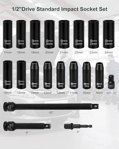 1/2"Drive Deep Impact Socket Set,20 Piece 1/2 Inch Impact Socket Set Metric 8mm-24mm CR-V Steel, 6 Point Design, Includes Extension Bars, Hex Shank Adapter, Reducer, Meets ANSI Standards - style: SS-D12-20PC