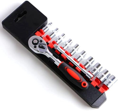 YWHWXB 1/4 Inch Ratchet Socket Wrench Set, Metric Socket Set with Quick Release Reversible Ratchet Wrench and Extension Bar, Metric SAE Mechanic Tool Kit,12 Pcs - size: Small