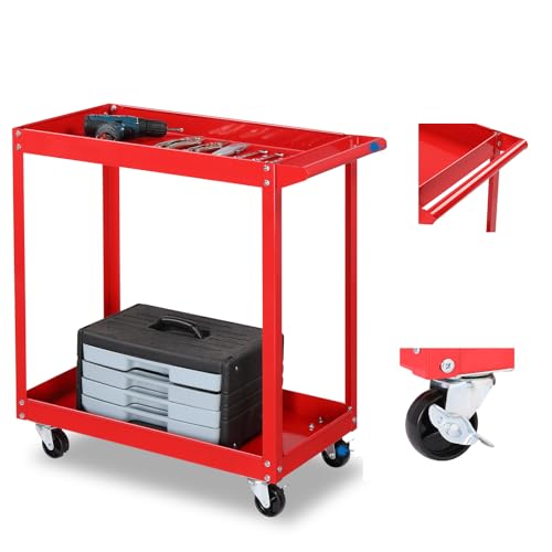 TUFFIOM 2 Tier Rolling Tool Cart, Industrial Service Cart on Wheels w/2 Brake,Heavy Duty Steel Utility Cart,Tool Organizer for Mechanic,Garage,Workshop,Warehouse & Repair Shop - color: Red(2-tier)