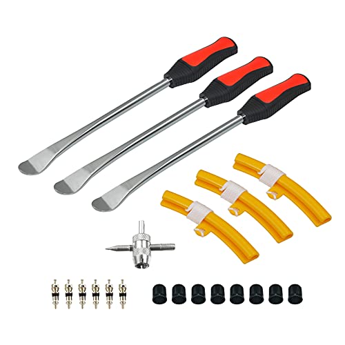 Tire Spoons Tool Set, Professional Tire Changing Kit for Dirt Bike, Motorcycle, Wheelchair, Lawn Mower, Tractor, 3X Tire Spoons, 3X Rim Protectors, 1X Valve Tool, 6X Valve Cores (Basic Sets) - size: Basic Sets