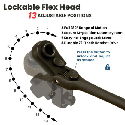 1/4" Drive Dual Flex Head Ratchet & Bit Driver – 6-inch long, 72-Tooth, 5° Swing Arc, High Torque, Chrome Vanadium Steel - size: 1/4" Drive Dual Flex Head Ratchet