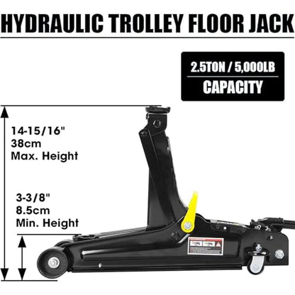 2.5 Ton (5,000 lbs) Low Profile Heavy Duty Steel Hydraulic Floor Jack with Single Piston Pump, Lifting Range 3-3/8" to 14-15/16", for Car, Light Truck and SUVs, Black - color: black
