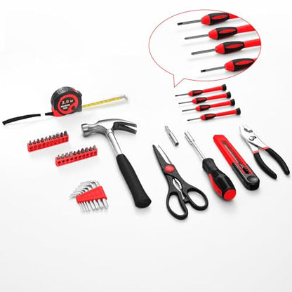 39-Piece Household Tool Set with Toolbox Storage Case - All Purpose Small Hand Tool Kit Includes Essential Tools for Home, Office, College Repairs, Red | Basic Home Tool Set with Storage Case, General Hand Tool Kit for home repairs, Garage Office College
