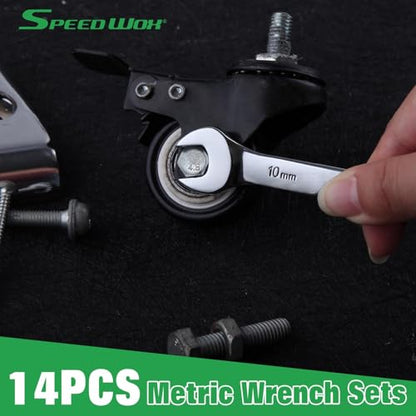 SPEEDWOX 14-Piece Essential Metric Combination Wrench Set Metric 8mm to 24mm 12 Point Combination Wrench Sets in Roll-up Pouch for General Household Garage Chrome Vanadium Steel Mirror Chrome Finish