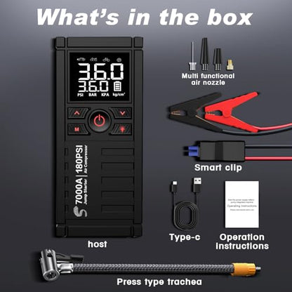 Jump Starter with Air Compressor, 7000A 180PSI Car Battery Jump Starter Jump Box (All Gas/10.0L Diesel), Battery Jumper Starter Portable Jumper Cables, Large LCD Display, LED Light Black