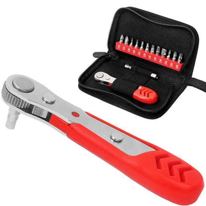 STREBITO Right Angle Screwdriver 14 Piece Mini Ratchet Set | Offset Screwdriver Low Profile Ratchet Screwdriver Set with 1/4 Ratchet, Hex, Phillips, Torx, Ratchet Set for Tight Spaces - color: 14 in 1 With Zipper Pouch