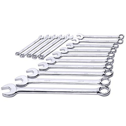 Max Torque 15-Piece Premium Combination Wrench Set, Complete SAE Inch Sizes from 1/4” to 1” with Rack Organizer | Cr-V Steel, Mirror Chrome Finish, Long Pattern, V-Groove Open End and 12-Point Box End - size: Regular (1/4" to 1")