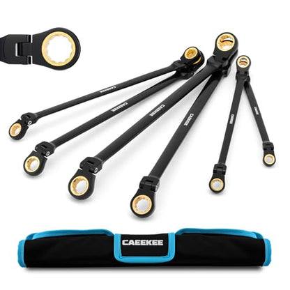 Extra Long Flex-Head Ratcheting Wrench Set(8-19mm), 6PCS Double Box End Long Reach Ratchet Wrench Set, Metric, CR-V Steel, 12 Point, 72-Tooth Ratchet, with Storage Pouch - style: 6-Piece Set (Extra Long Flex-Head Metric)