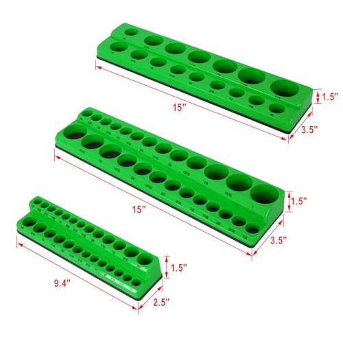 Magnetic Socket Organizer Set, 3-Piece Socket Holder Set Includes 1/4", 3/8", 1/2" Drive Metric SAE Socket Trays, Holds 75 Pieces Standard Size and Deep Size Sockets(Socket not Included) - Green
