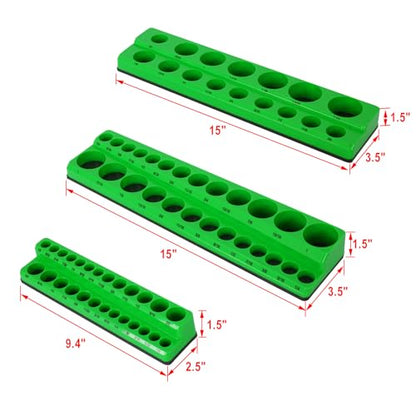 Magnetic Socket Organizer Set, 3-Piece Socket Holder Set Includes 1/4", 3/8", 1/2" Drive Metric SAE Socket Trays, Holds 75 Pieces Standard Size and Deep Size Sockets(Socket not Included) - Green
