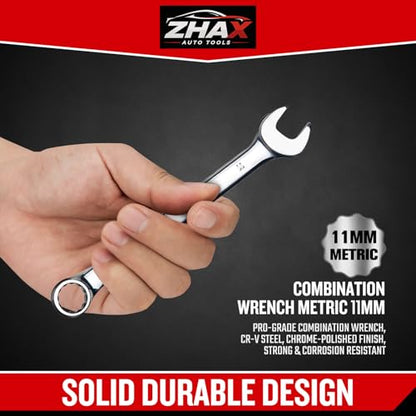 zhax 11mm Metric Combination Wrench, 12 Point Box End, 15 Degree Offset Design, Mirror Polish Finish, Forged CR-V Steel, Hand Tools for Mechanics, Ideal for Auto and Home Repair - size: 11mm