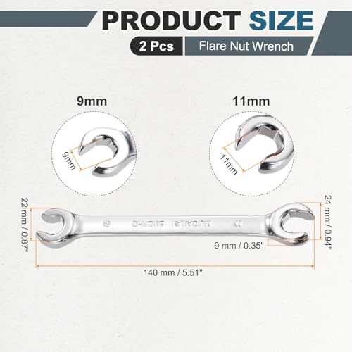 HARFINGTON 2 Pcs Flare Nut Wrench 9mm x 11mm Metric Double Open End Thick Spanner Mirror Polish Finish 45# Steel Brake Line Wrench For Fuel Tube Hose Transmission Line, Silver - size: 9mm x 11mm