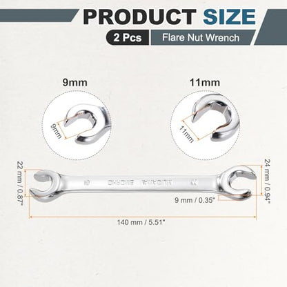 HARFINGTON 2 Pcs Flare Nut Wrench 9mm x 11mm Metric Double Open End Thick Spanner Mirror Polish Finish 45# Steel Brake Line Wrench For Fuel Tube Hose Transmission Line, Silver - size: 9mm x 11mm