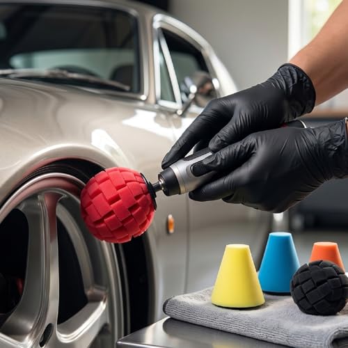 POCREATION 5 Pcs Polishing Cone Wheel Polishing Kit 6mm Shank Car Wheel Hub Buffing Sponge Pads for Easy Attaches to Standard Household Drill