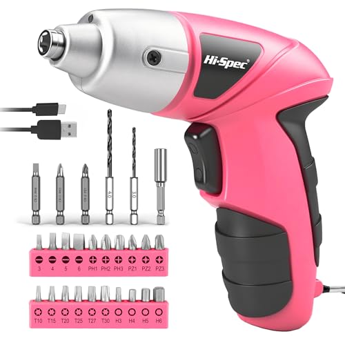 Hi-Spec Small Electric Screwdriver, Mini Drill Set, Rechargeable 3.6V Cordless Screwdriver with 26 Driver Bits, Power Tool for Small Projects & Home Use, Pink | 27pc, Speeds furniture assembly, comfortable cordless control, LED work light, USB charging, o