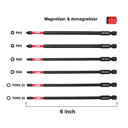 Protorq Long Impact Bit Set, PH2 SQ2 T25, 6-Inch Length, 6-Piece with 1-Piece Magnetizer & demagnetizer - size: 6pc 6 in. PH2 SQ2 T25 with Magnetizer