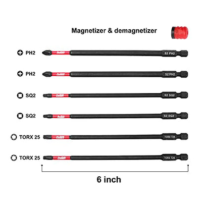 Protorq Long Impact Bit Set, PH2 SQ2 T25, 6-Inch Length, 6-Piece with 1-Piece Magnetizer & demagnetizer - size: 6pc 6 in. PH2 SQ2 T25 with Magnetizer