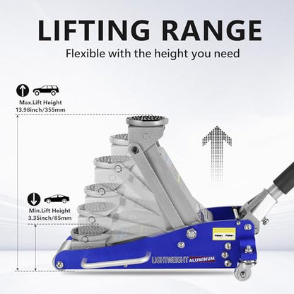 1.5T Low Profile Racing Jack, 3000 lb, Dual Pump, Aluminum and Steel, Blue | Lightweight aluminum/steel, dual-pump quick lift, 3.5"-14" range, side handle, safety overload. - size: 1.5T Aluminum & Steel Blue