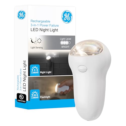 GE 3-in-1 LED Power Failure Nighlight Emergency Flashlight Soft White Night Light Plug Into Wall Rechargeable Dusk to Dawn Auto On/Off Hurricane Storm Tornado 11281