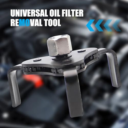 Car 3 Jaw Oil Filter Wrench, Steel Adjustable Fuel Filter Spanner, Engine Removal Tool Replacement Part with 1/2 & 3/8 Inch Square Drive, Universal for Most Car Accessories (White)