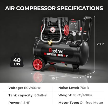 8 Gallon Ultra Quiet Air Compressor with Two Quick Couplers, 1.5HP MAX 115PSI Oil-Free Air Compressor Steel Tanks, 70dB Air Compressor with Wheels for Spray Painting, Auto Repair, Woodwork Nailing - size: 8G