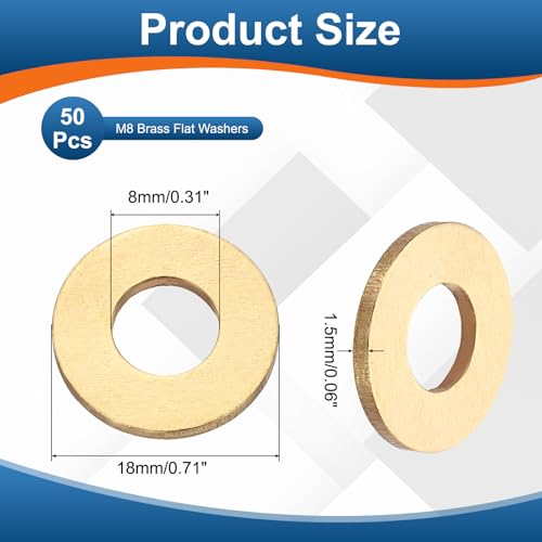 PATIKIL M8 Brass Flat Washer, 50 Pcs 8mm ID 18mm OD 1.5mm Thick Metric Washers Metal Sealing Gasket Ring for Screws Bolts Factories Home Outdoor Projects - size: M8 x 18 x 1.5mm